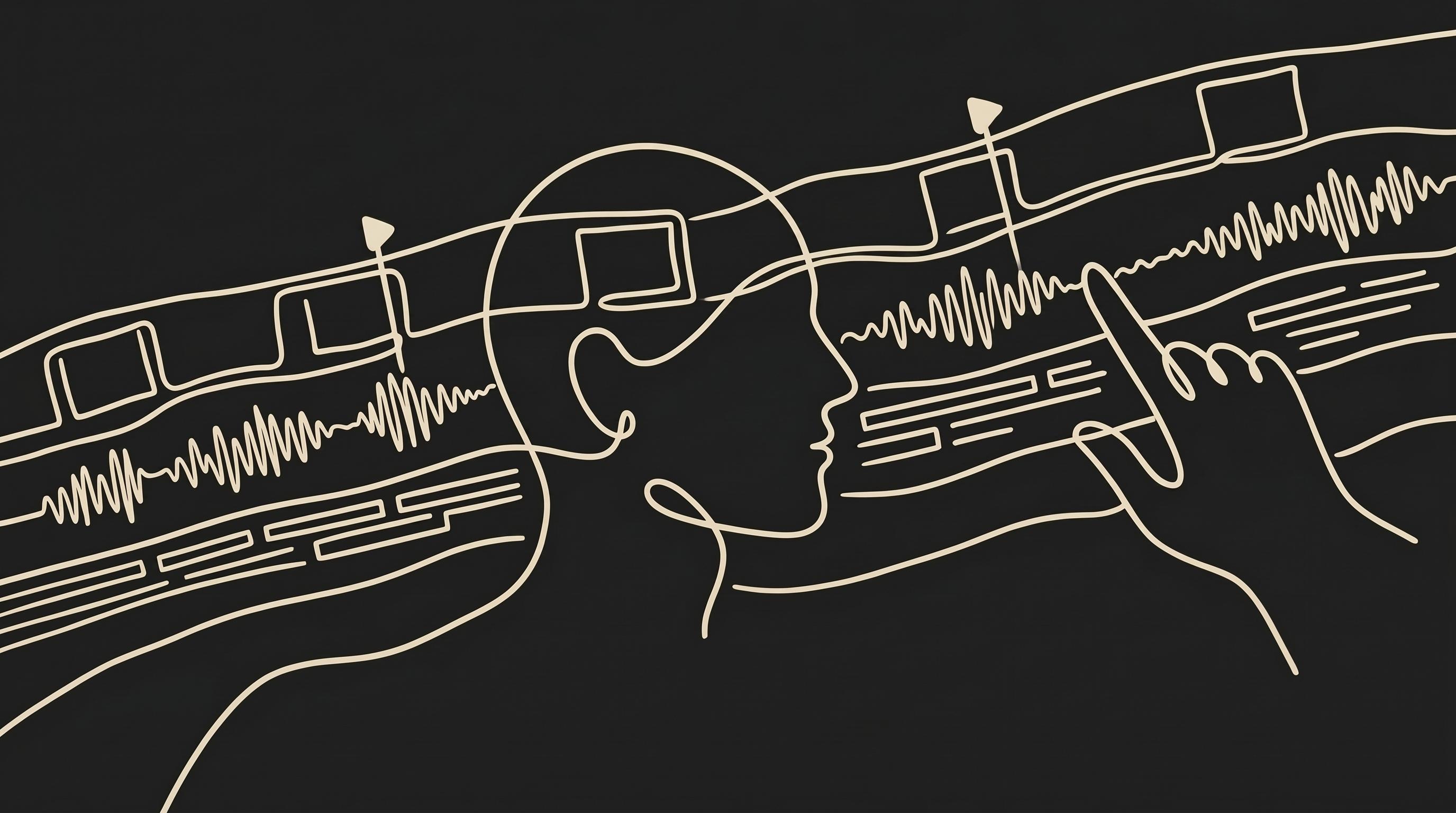 A line drawing of a director's profile with film strips and audio waveforms passing through, in cream on cinema-ink
